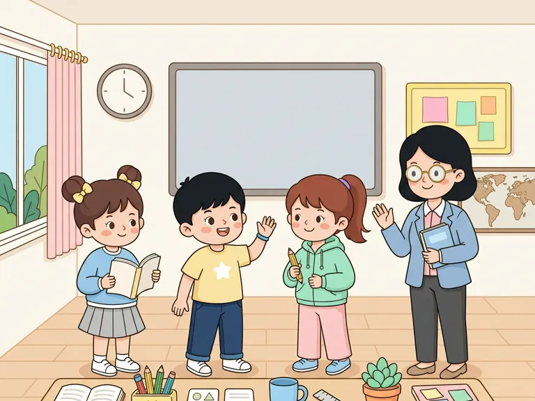 A teacher and students smiling in a bright classroom greeting scene.