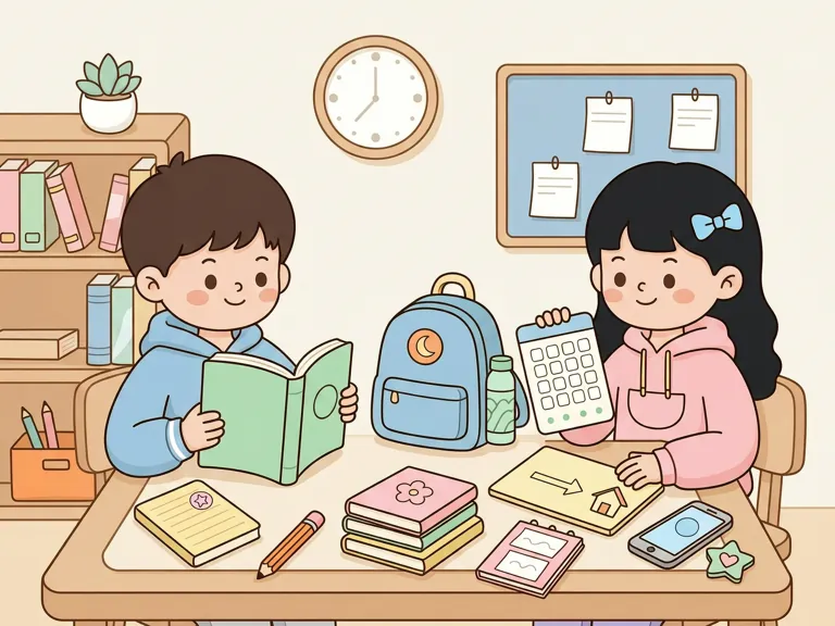 Two students at a study desk with books, class cards, and going-home plan cards.