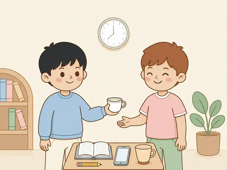 Two students at a study table ordering tea, looking at a book, and making a phone call.
