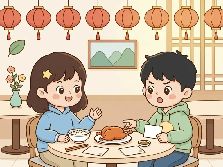 Two students in a bright restaurant looking at a blank menu and discussing dinner plans.