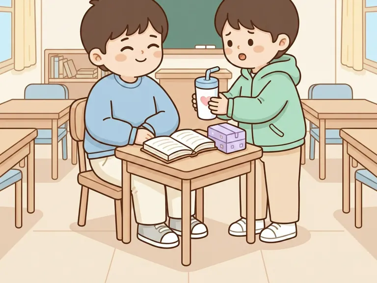 A student sitting and resting in a classroom while a friend holds a water cup and checks on him.