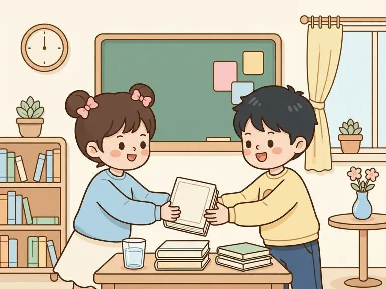 Two students at a table exchanging a book and water.
