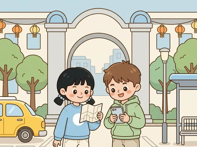 Two students looking at a phone and discussing going to a restaurant tomorrow.