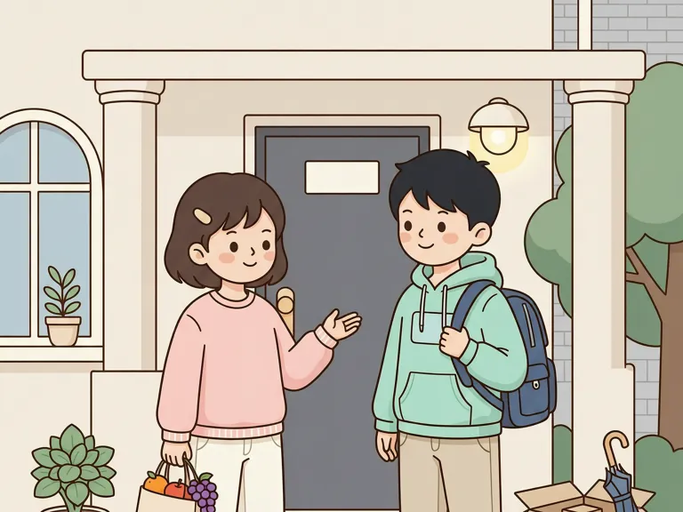 Two students downstairs at an apartment building holding fruit before visiting a friend.