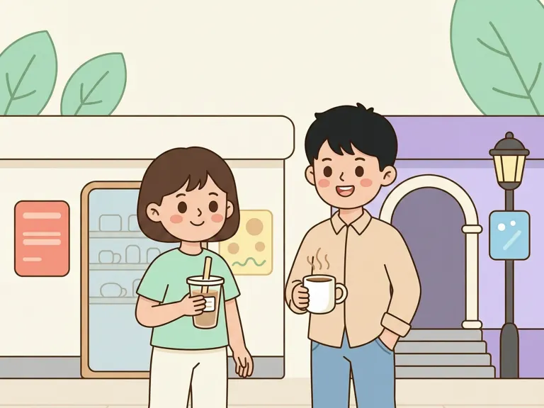 Two people outside a shop comparing milk tea and coffee cups.