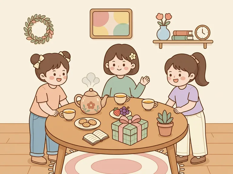 A cute cartoon home gathering with neighbors sharing tea, blank gift box, and plates.