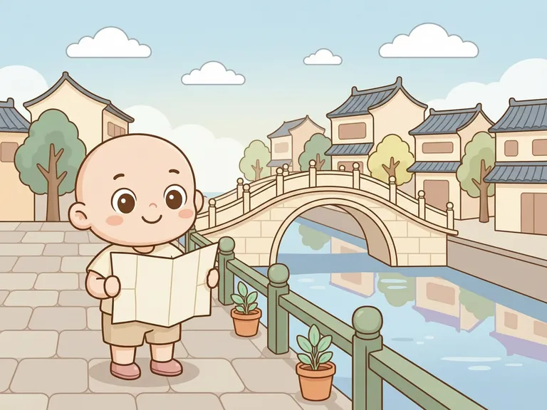 A cute cartoon city walk with a learner looking at a blank map beside a river and local buildings.