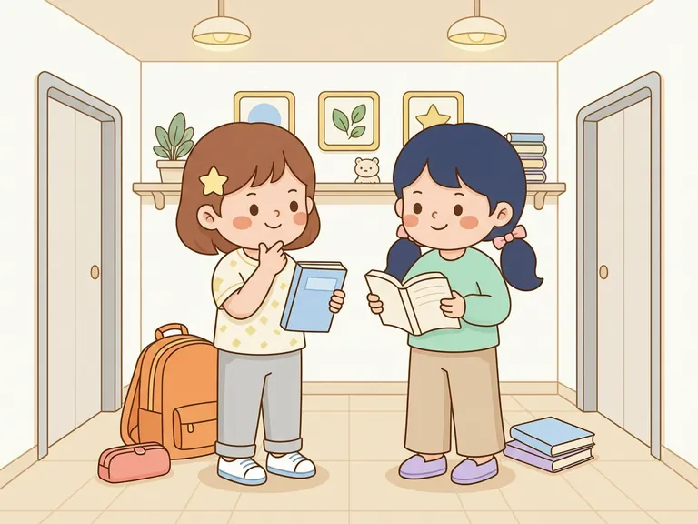 A cute cartoon study hallway where one student asks a careful classmate for advice beside blank classroom signs.