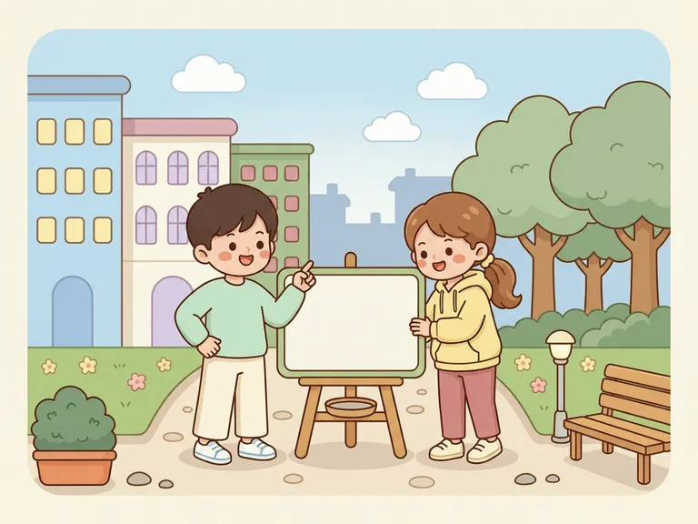 A cute cartoon apartment neighborhood with two learners looking at a blank building map and green space.
